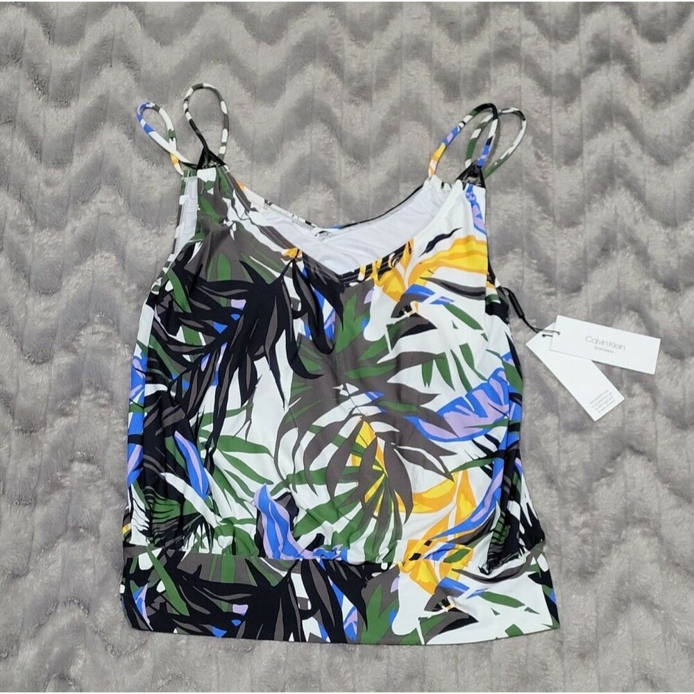 Calvin Klein Womens Size XS Brown White Leaf Print Tankini Swimsuit Top NWT